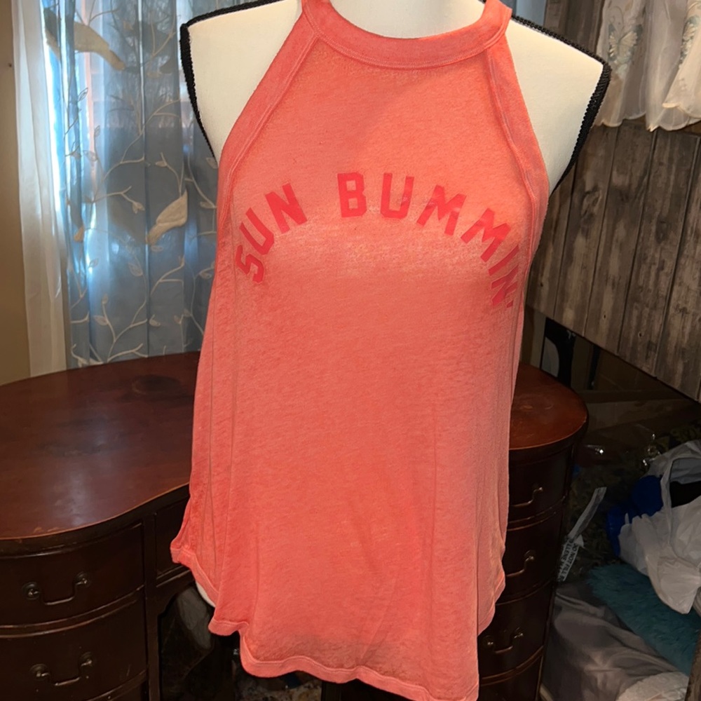 PINK distressed thread bare “Sun Bummin” racer back tank top size M!